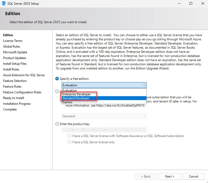 SQL Server 2025 gives you Standard Developer edition so you can develop and test only against the standard features.