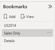 The bookmarks pane in Power BI desktop showing 3 bookmarks named "US2014", "Sales Only", and "Details".